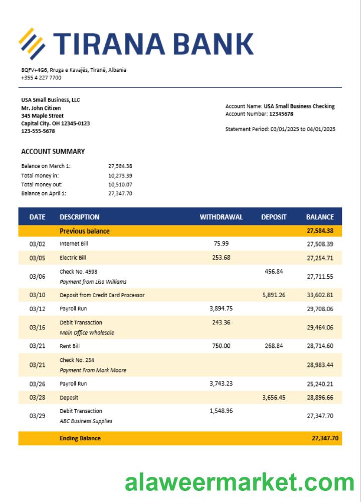 Tirana firm account statement Word and PDF template